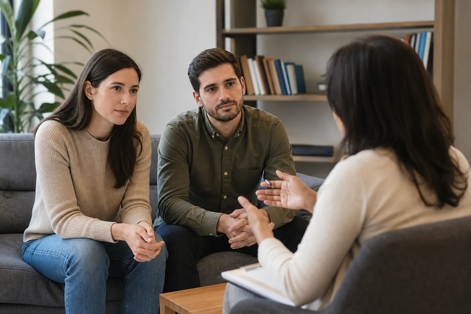 Three Adults in Conversation A man and two women sit facing each other, with a notebook on one woman's lap.