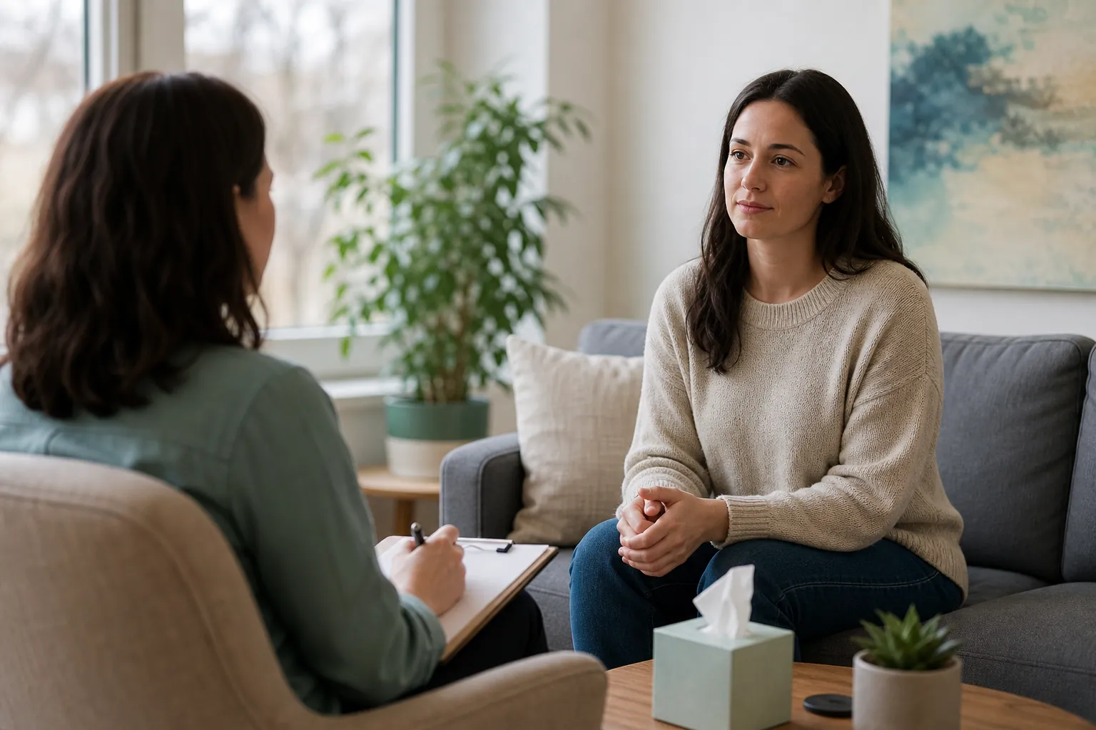 Two women sit facing each other, with one holding a notebook and the other clasping her hands.