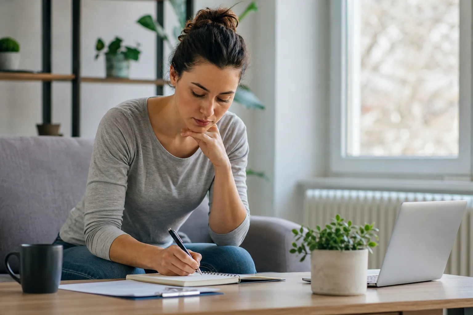 A woman writes in a notebook beside an open laptop, mug and potted plant.