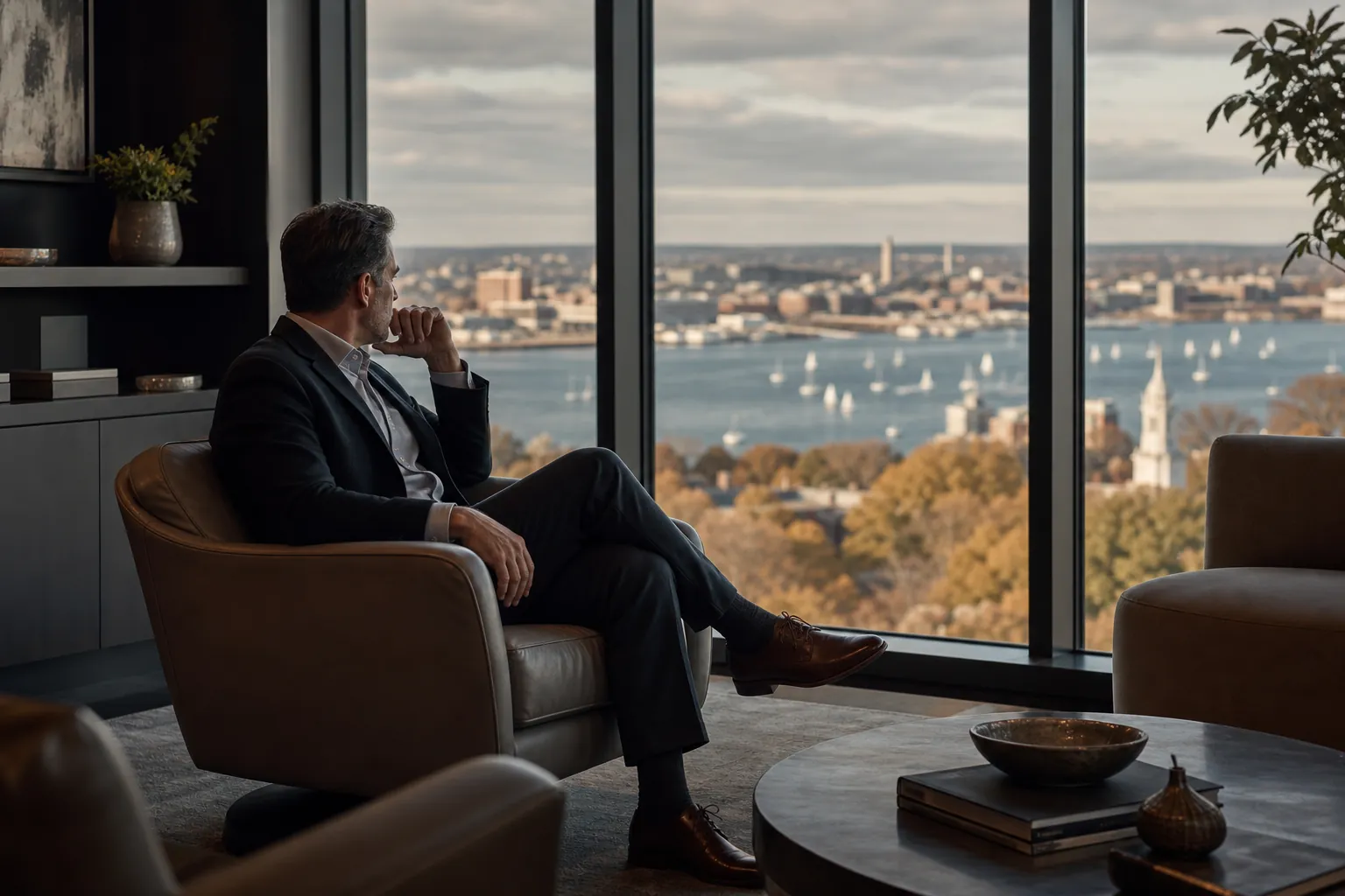 Man Seated Beside a Waterfront Window A man in a dark suit sits in a chair beside a window overlooking water.