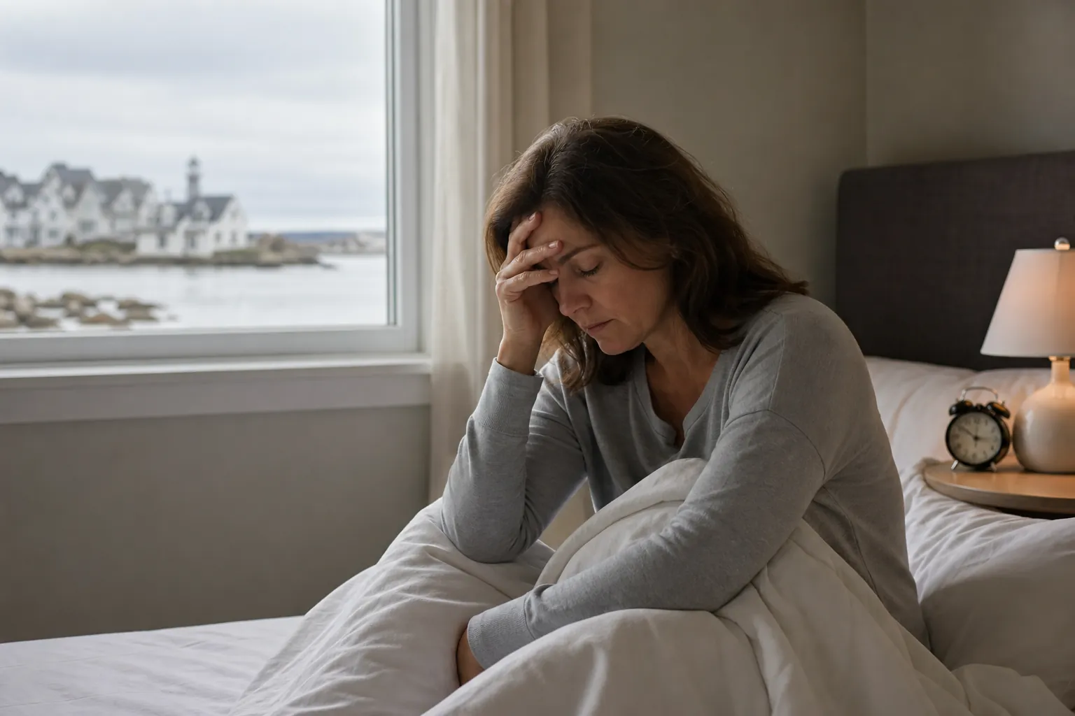 A worried middle-aged woman sits upright in bed at dawn, holding her forehead beside an alarm clock and window.