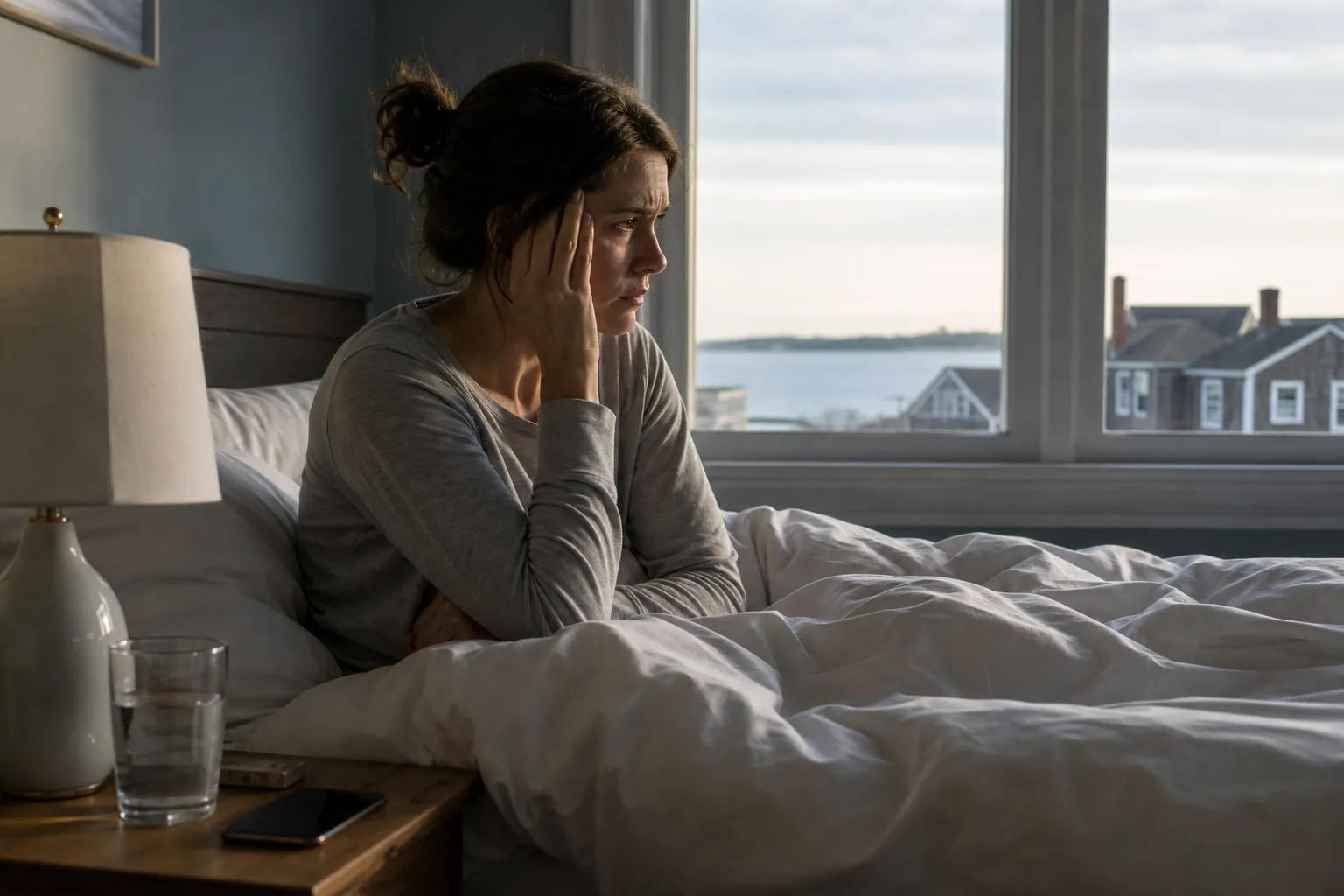 Worried woman sitting awake in bed with a hand to her temple, looking out the window in the morning.
