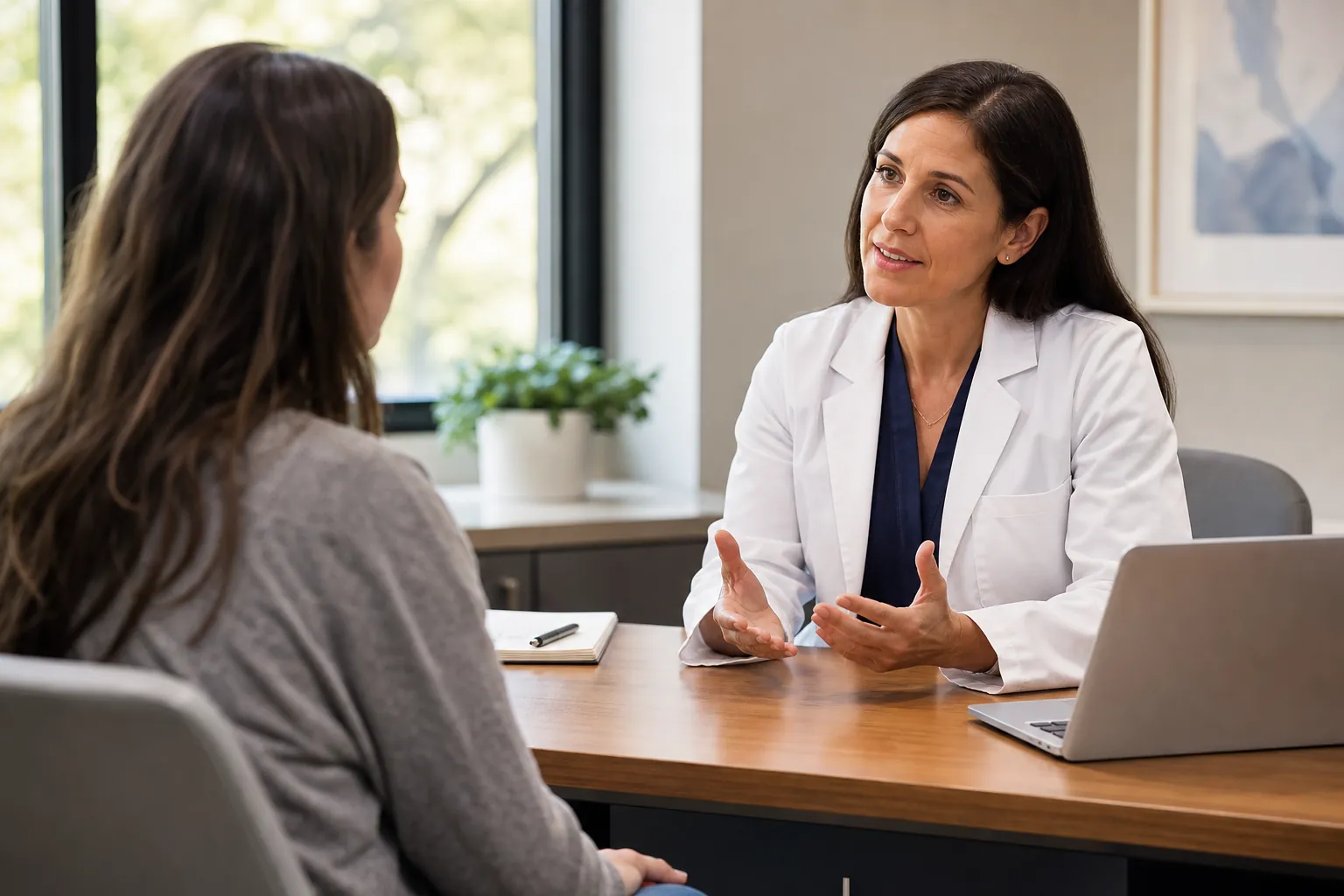 Female physician in a white coat speaks with a patient across a desk in a bright medical office.