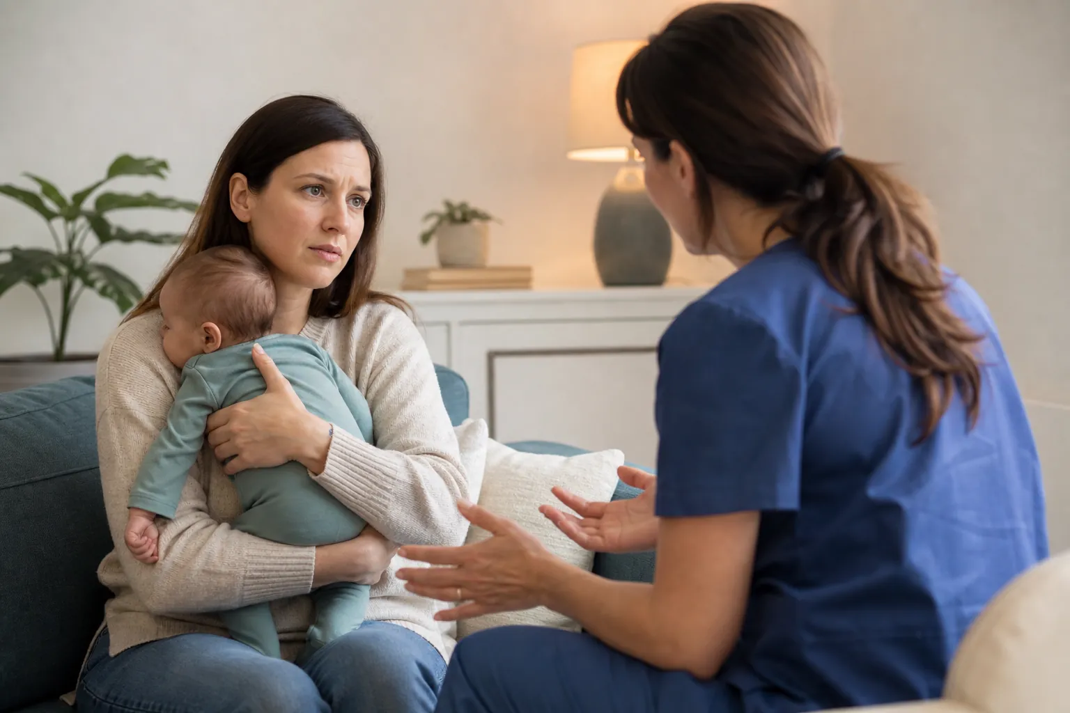 A concerned mother holds her infant while speaking with a clinician in blue scrubs during a home consultation.