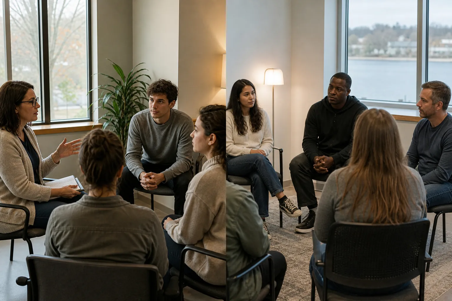 Therapist-Led Adult Group Treatment Session Eight adults sit in a circle during a therapist-led group treatment session in a bright room with large windows.