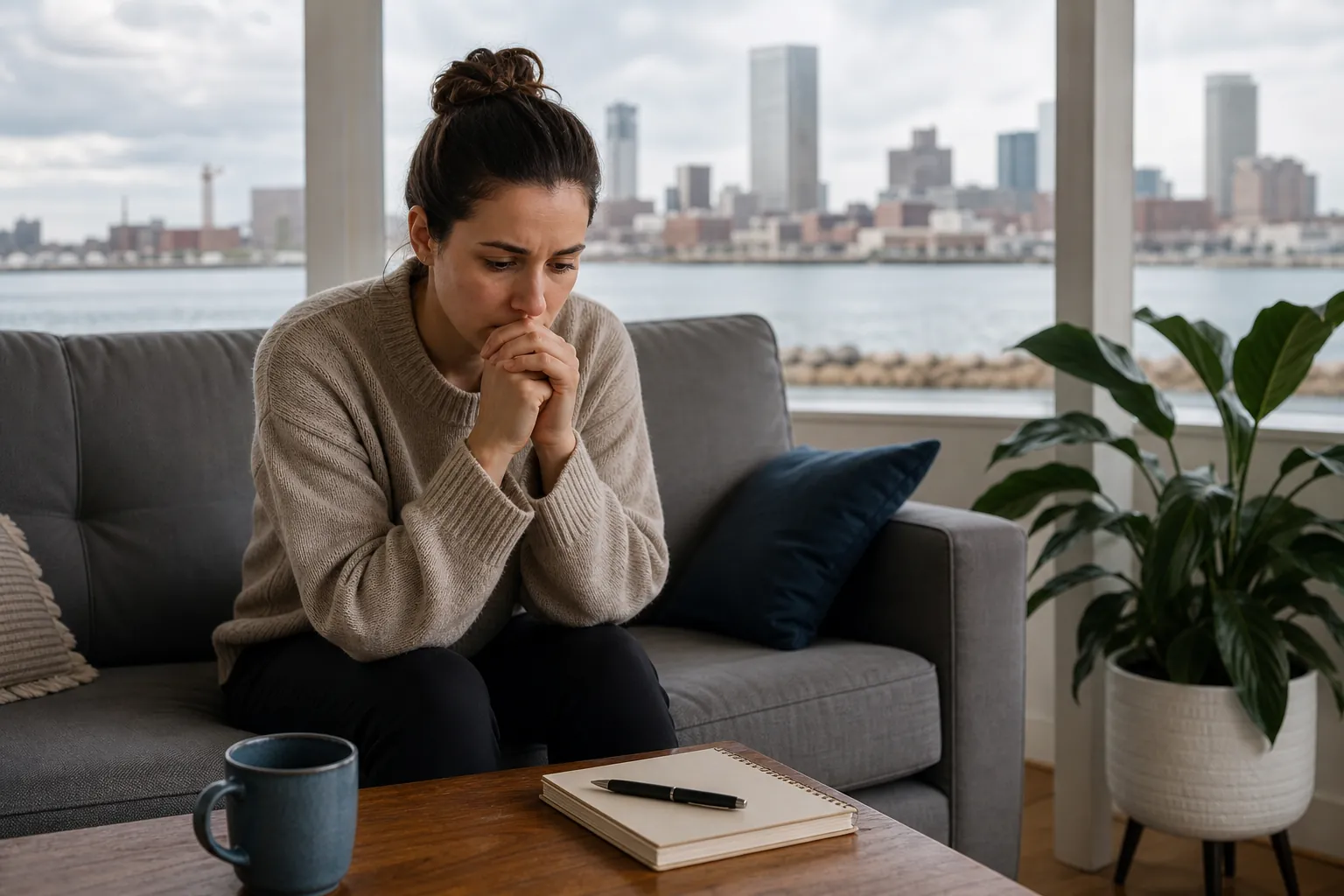 Distressed woman considering more intensive OCD support A distressed woman sits on a sofa with clasped hands, beside a notebook and mug in a quiet room overlooking a city.