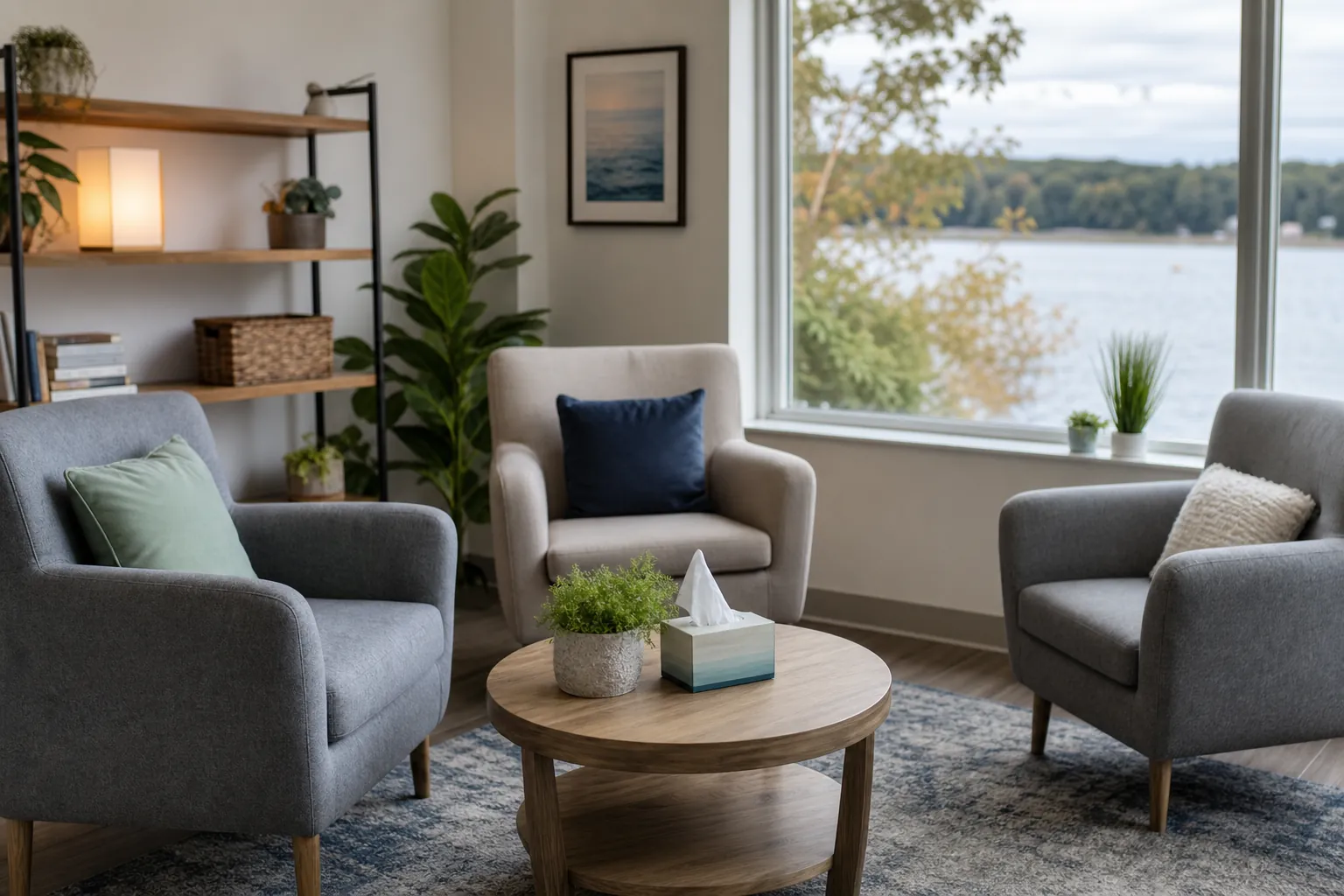 Calm outpatient counseling room with lake view Three upholstered chairs surround a round table in a calm counseling room overlooking a lake.