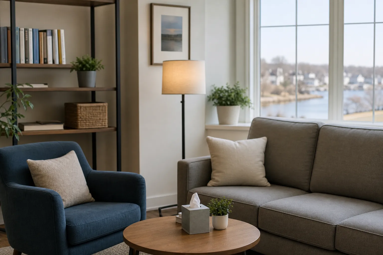 Comfortable outpatient counseling room with sofa and armchair Quiet counseling room with a blue armchair, gray sofa, tissue box, plants, bookshelves, and large windows.