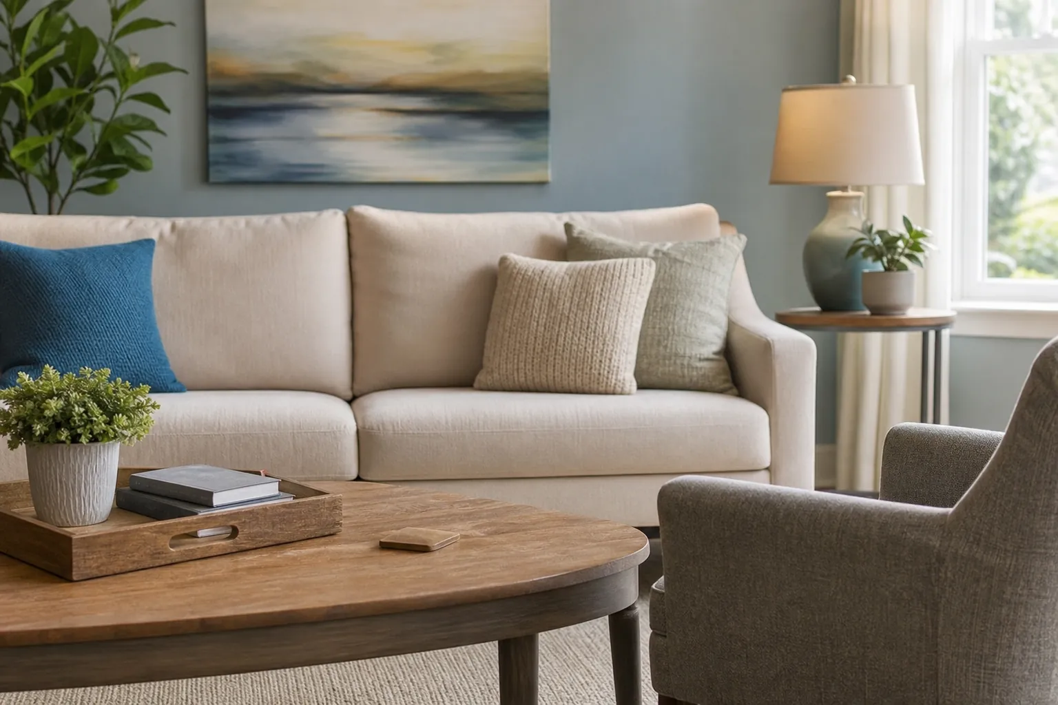 Comfortable outpatient counseling room with sofa and armchair Calm counseling room with a beige sofa, gray armchair, coffee table, plants, pillows, lamp, and abstract wall art.