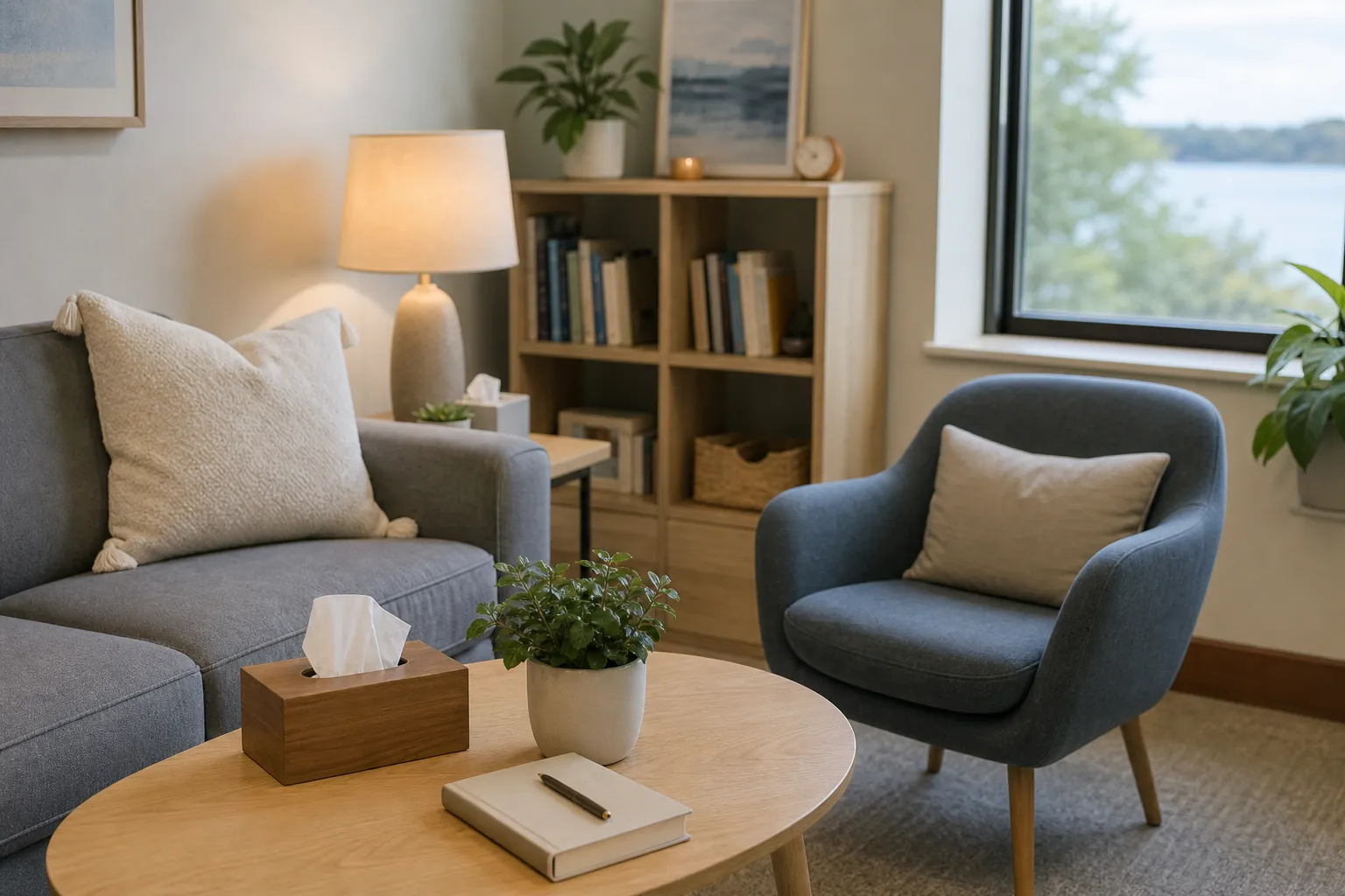 Welcoming outpatient mental health counseling office Comfortable counseling office with a gray sofa, blue armchair, coffee table, plants, books, and a lake view.