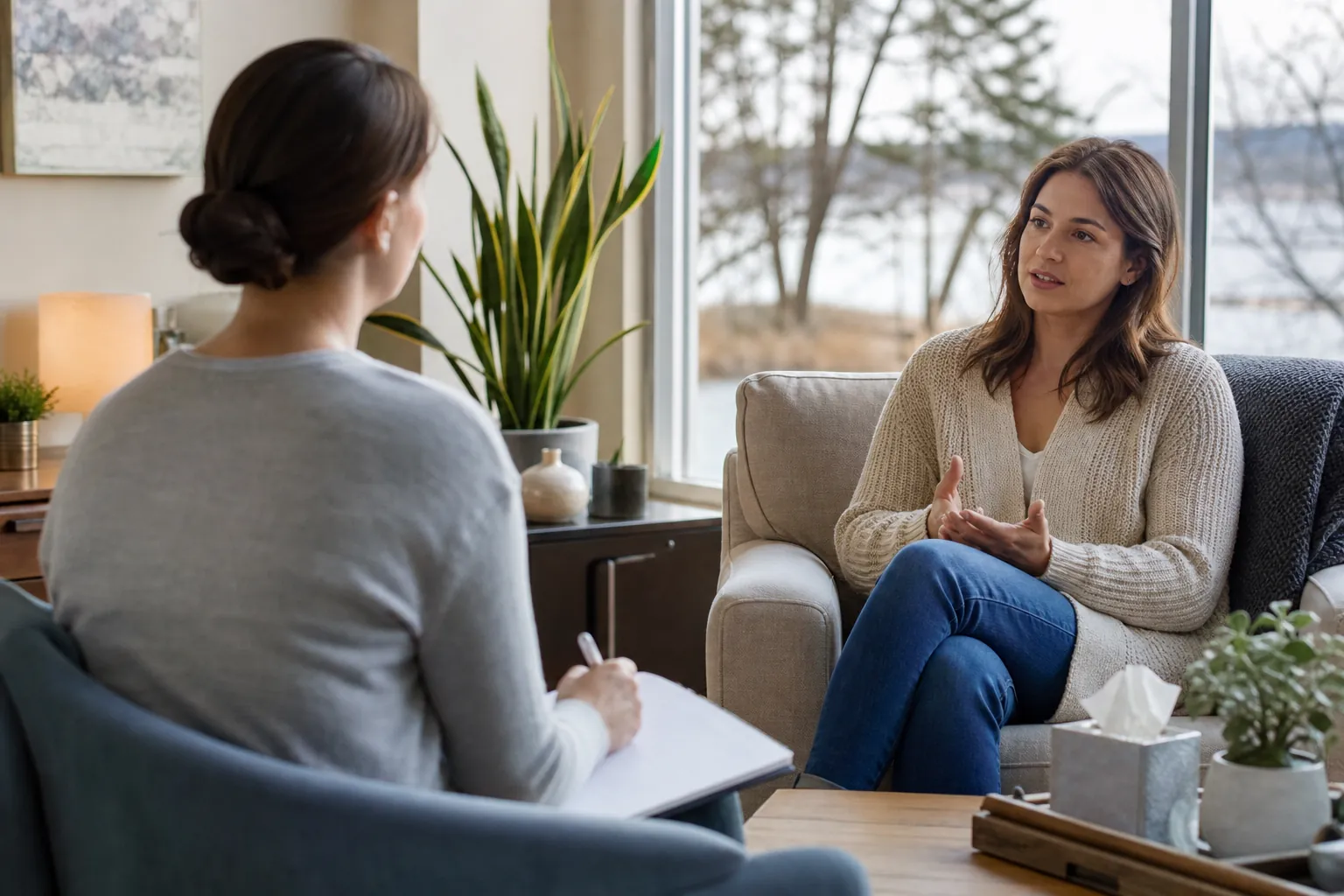 Therapist Conducting an Initial Assessment A therapist takes notes while a seated woman speaks and gestures during an initial assessment in a bright office.