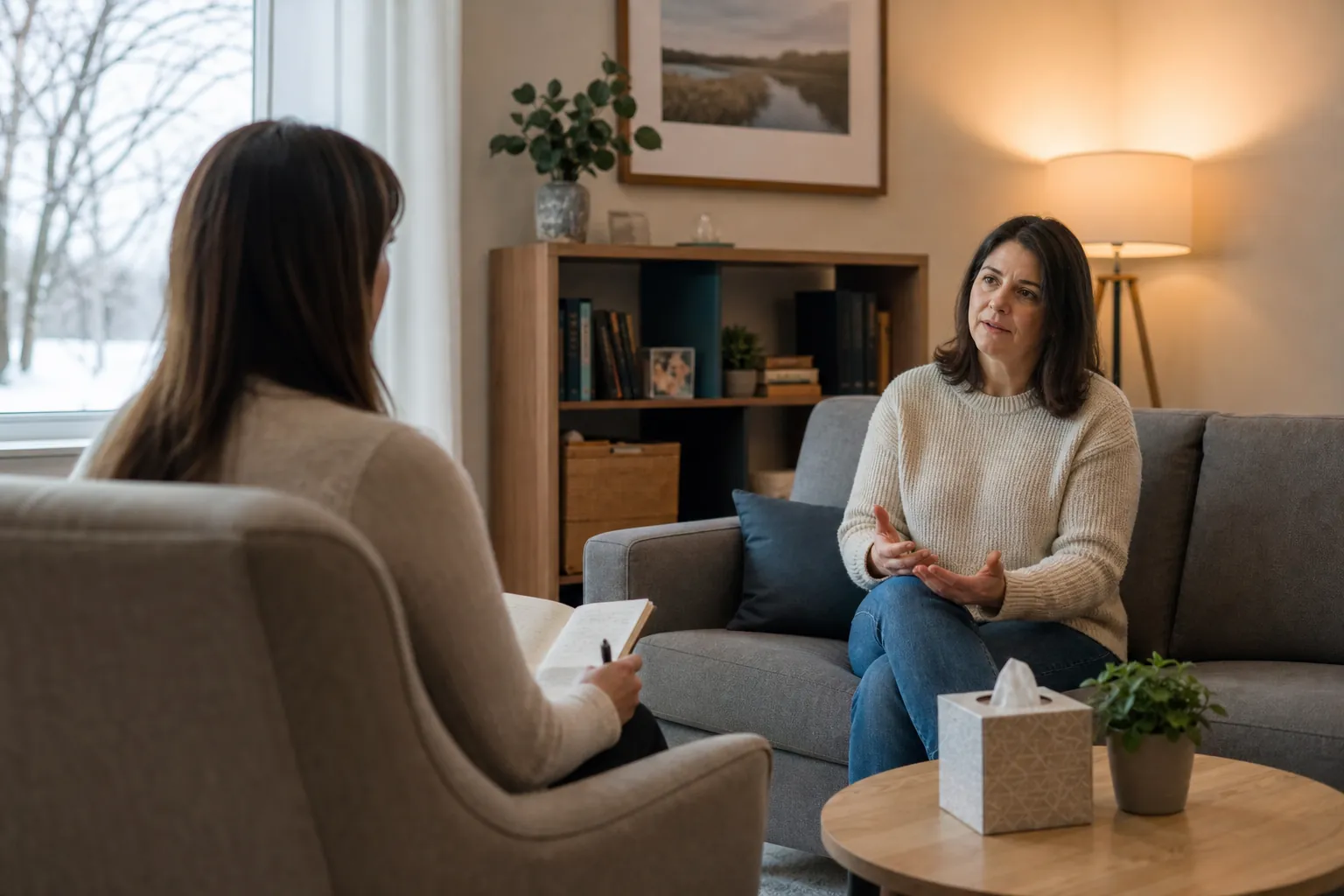 Adult Woman Speaking With a Therapist in a Counseling Office A therapist takes notes while an adult woman speaks from a sofa in a warm, softly lit counseling office.