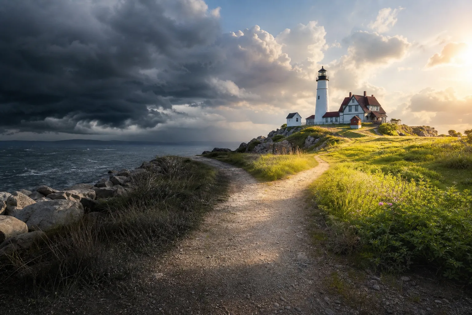 A coastal path leads to a lighthouse and keeper's house beneath dark storm clouds and warm sunlight.
