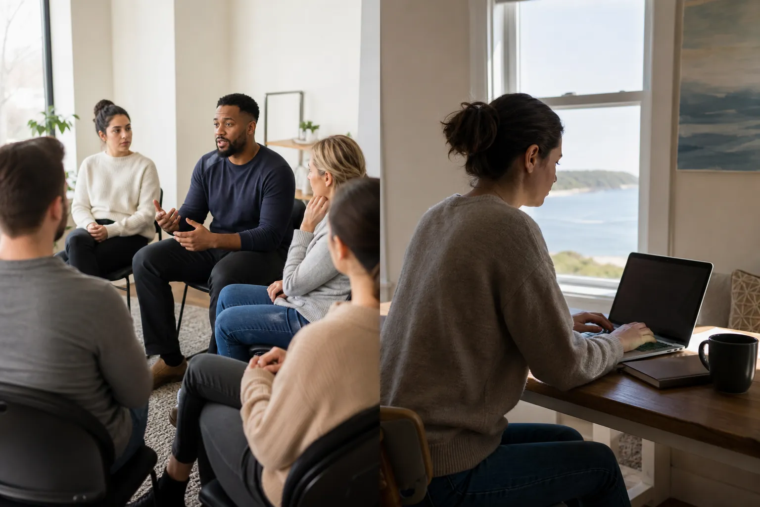 Split scene showing a therapy group in discussion and a woman working on a laptop at home beside a window.