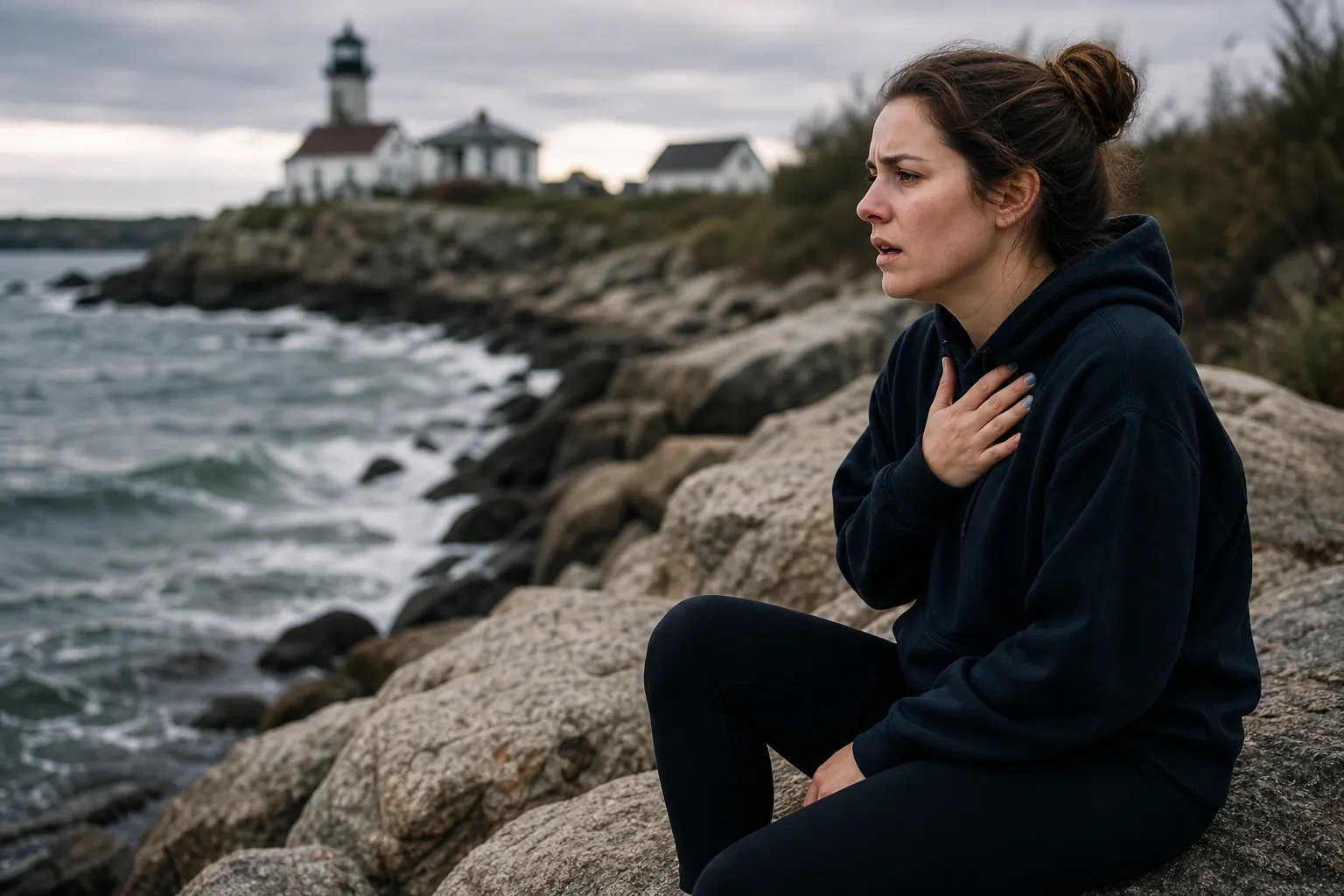 Distressed woman in a dark hoodie holds her chest while sitting on coastal rocks near rough water and a lighthouse.