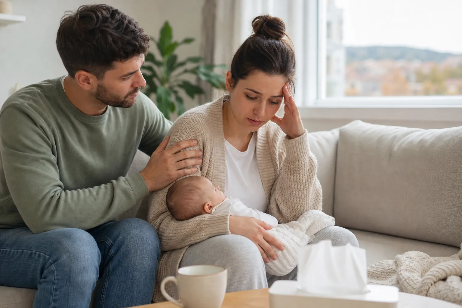 Partner Supporting a Concerned Mother Holding Her Baby A concerned mother holds a baby and touches her temple while her partner rests a supportive hand on her shoulder.