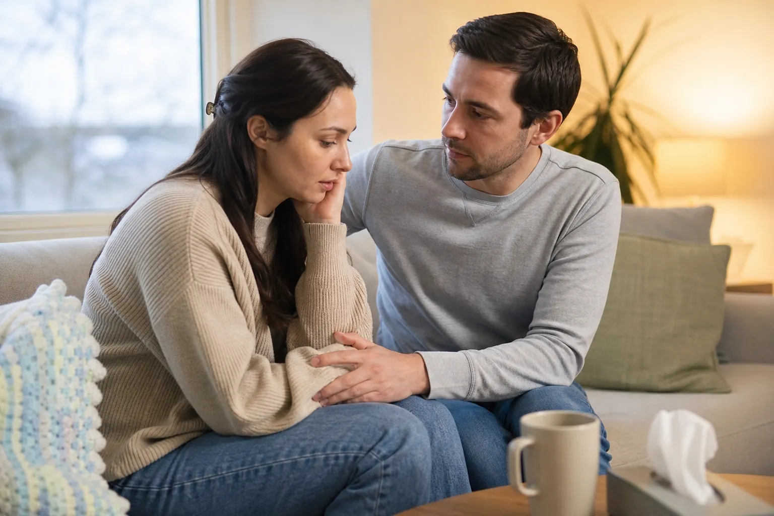 Partner Comforting a Woman During an Emotional Moment A man comforts a downcast woman on a sofa, resting his hand on her arm, with a mug and tissues on a nearby table.