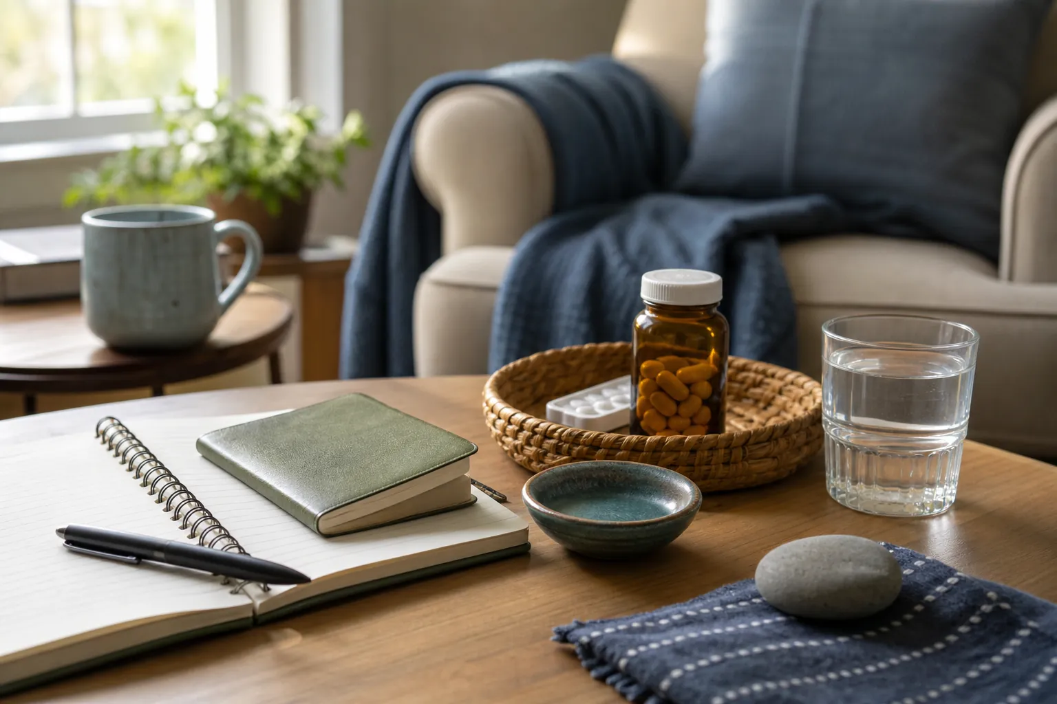 Medicine bottle beside a notebook and mug