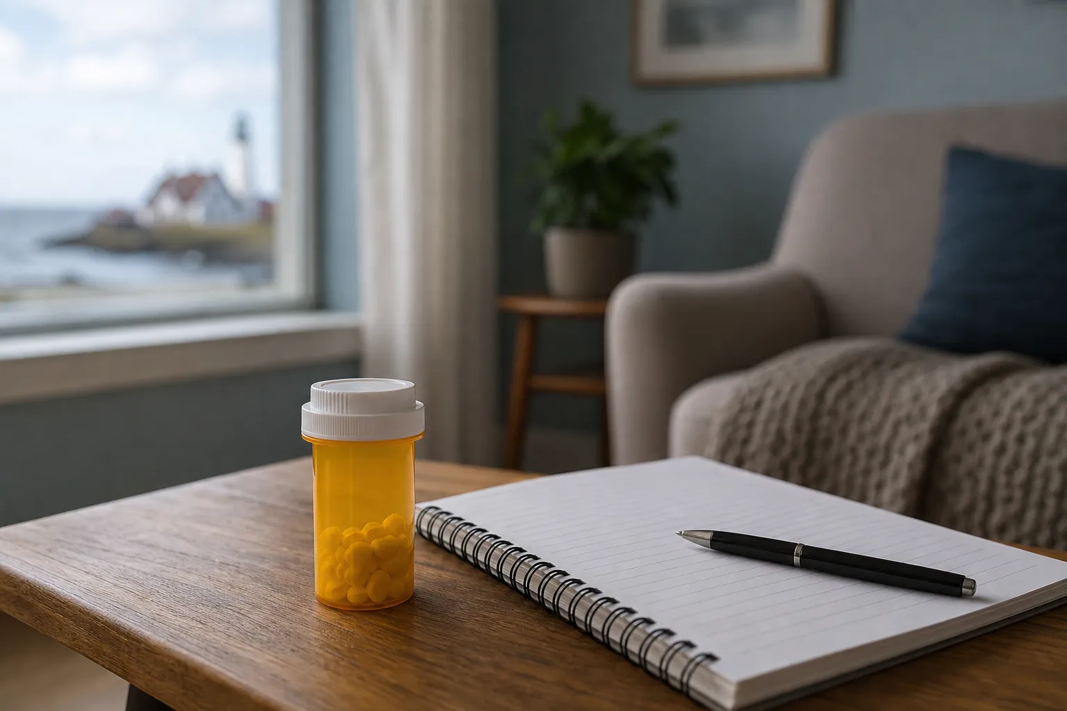 Medicine bottle and notebook on a table