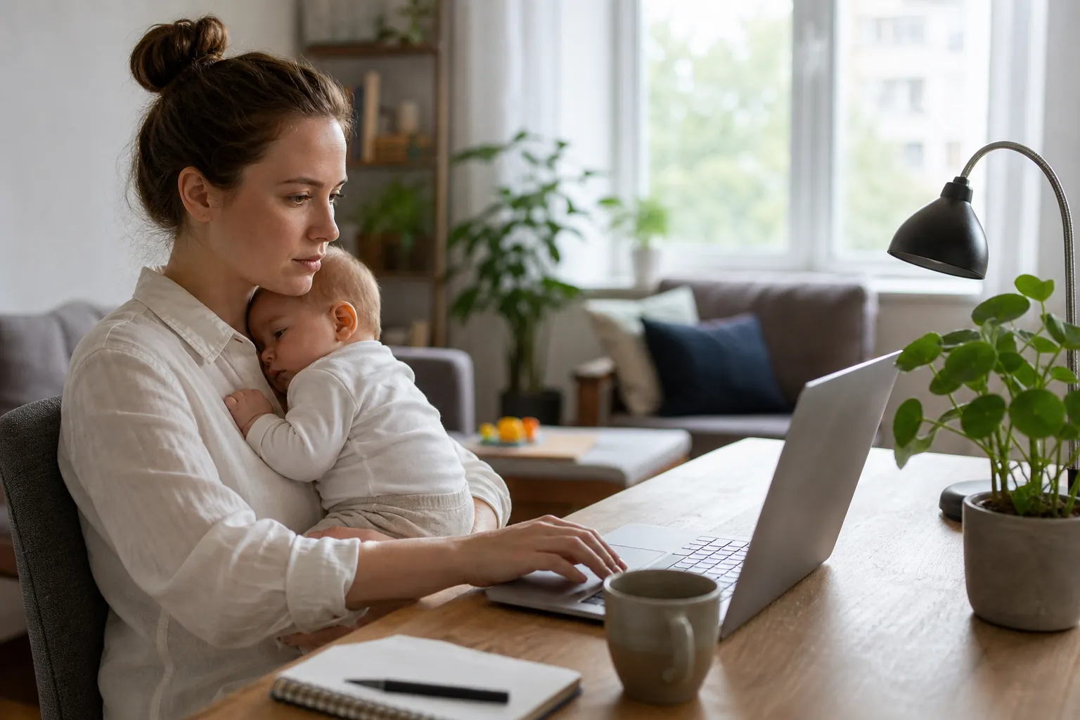 Mother Holding a Baby While Using a Laptop A woman holds a baby against her chest while using a laptop at a wooden table beside a window.