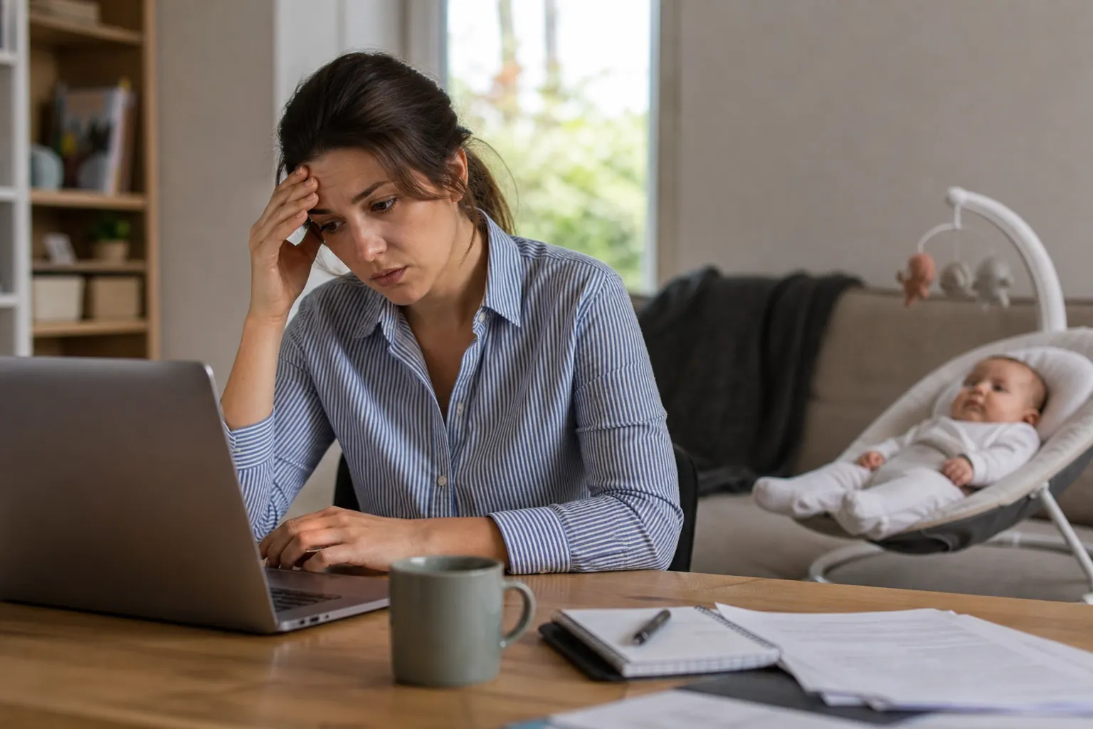 Worried Woman at Laptop With Baby Nearby A worried-looking woman rests a hand on her forehead at a laptop while a baby reclines in a bouncer behind her.