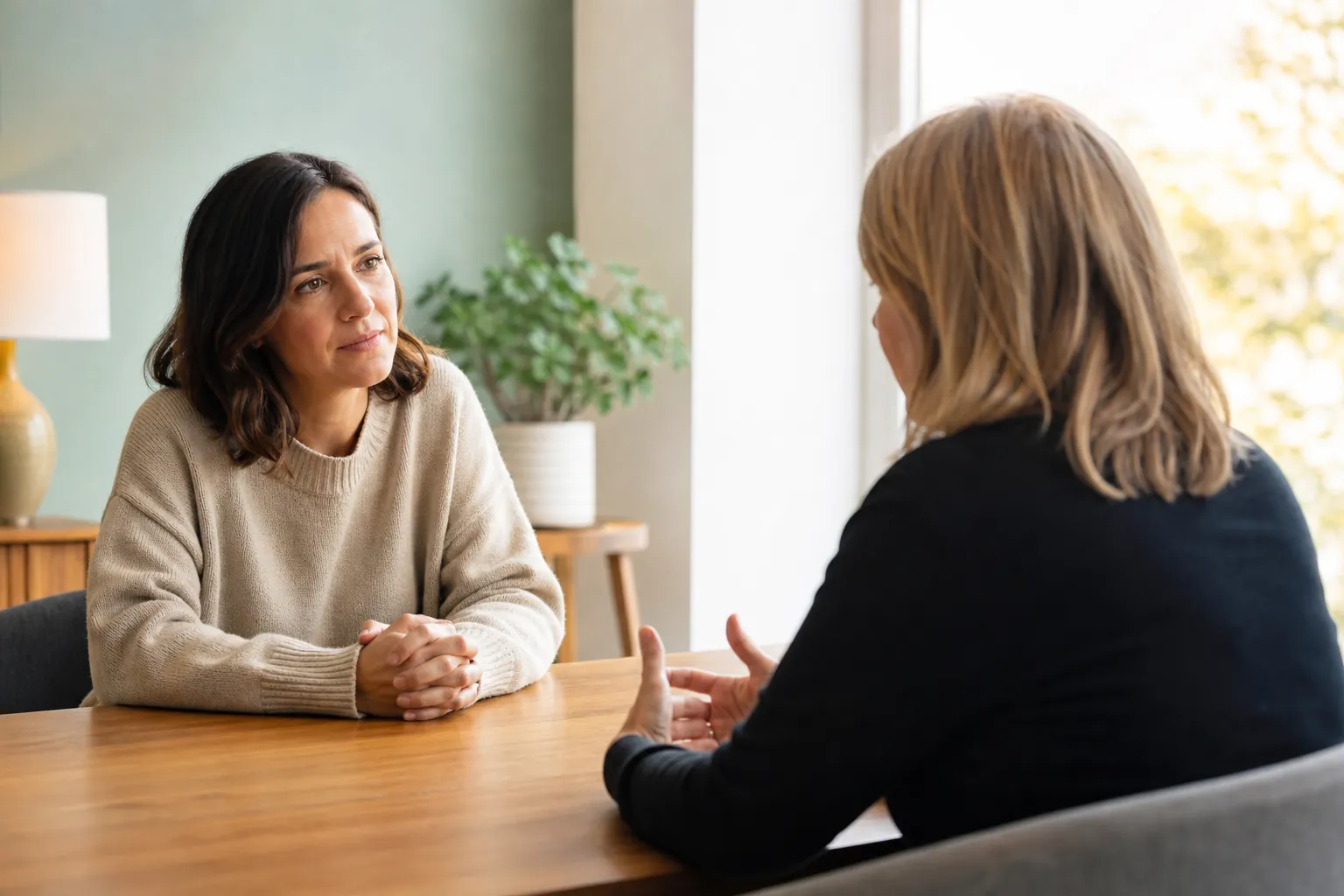 Two women sit across a wooden table, one listening with clasped hands while the other gestures during a conversation.