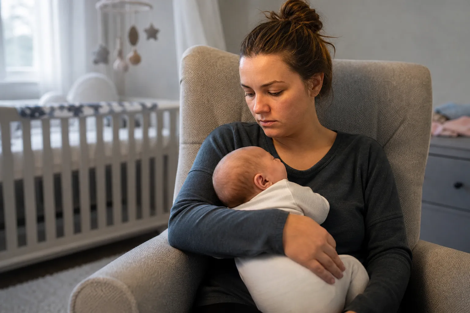 A woman with a subdued expression cradles a baby in a gray armchair beside a white crib in a nursery.