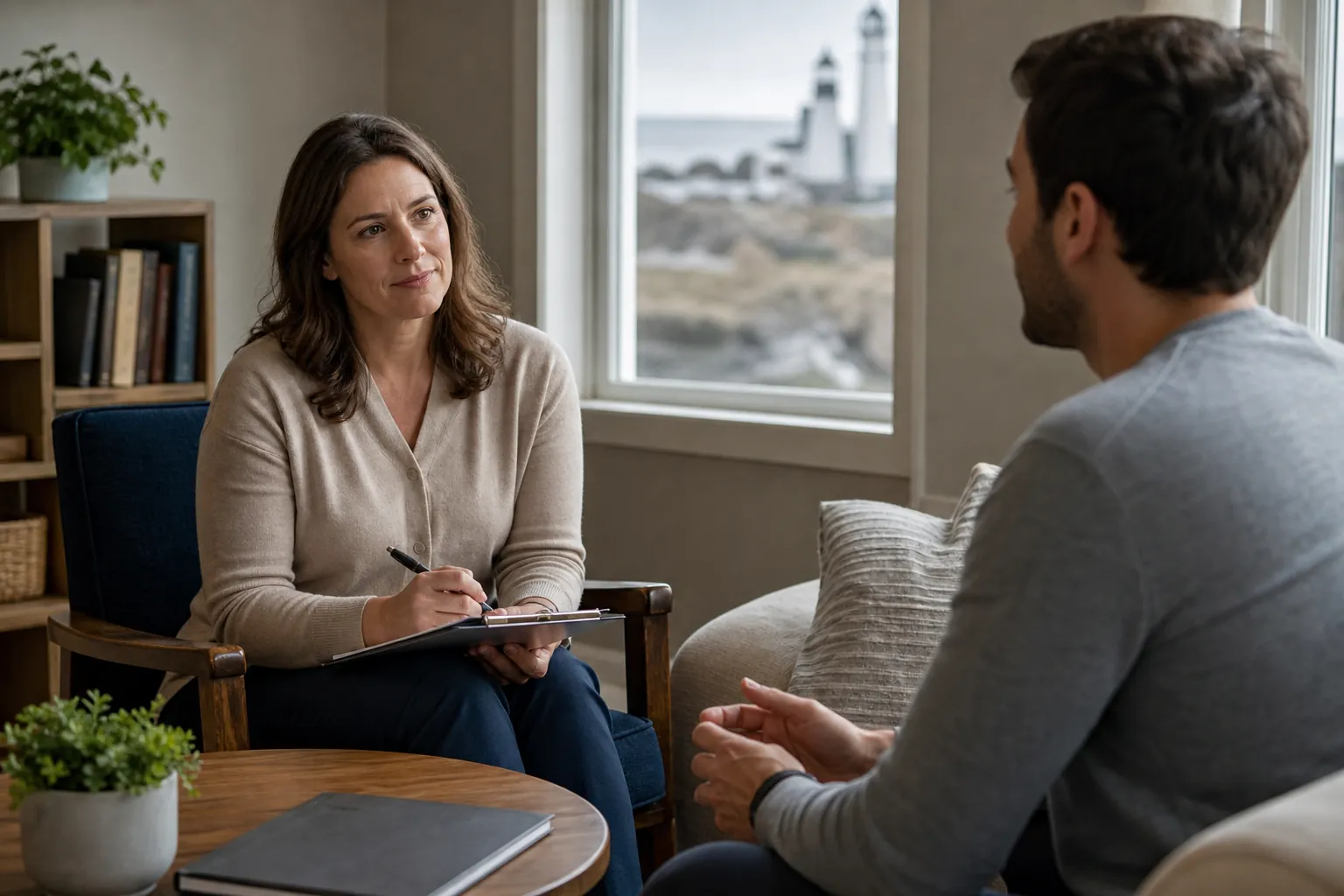 A clinician takes notes while speaking with an adult man in a comfortable office during a behavioral health assessment.