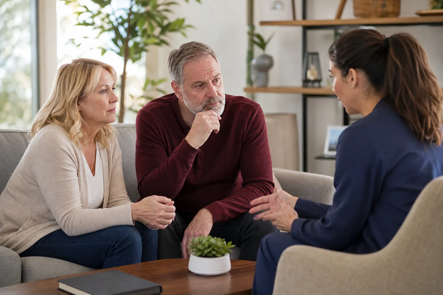 A middle-aged couple sits on a sofa listening to a female care professional during a serious consultation.