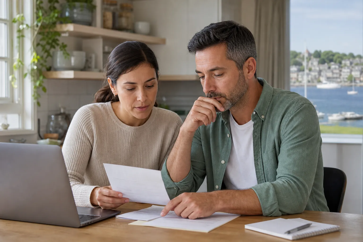 Couple Reviewing Paperwork and PHP Treatment Costs A concerned couple reviews bills and paperwork beside a laptop at their kitchen table, illustrating PHP cost planning.