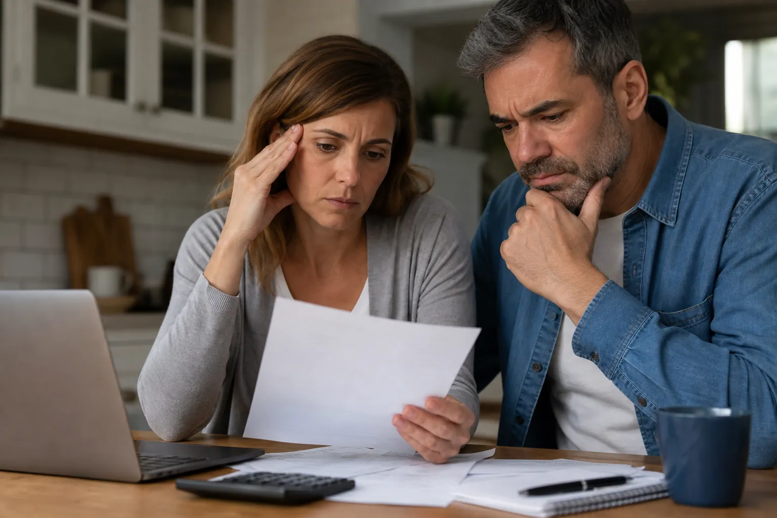 Concerned couple reviews paperwork beside a laptop and calculator at a kitchen table, suggesting uncertainty about insurance payment.