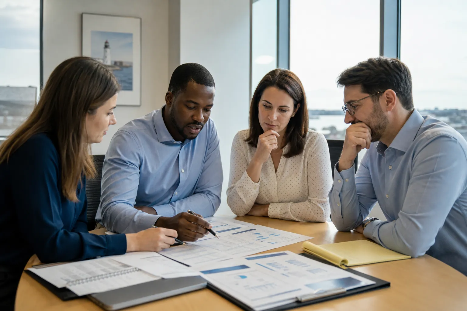 Four insurance team members review benefit charts and paperwork together at a conference table.