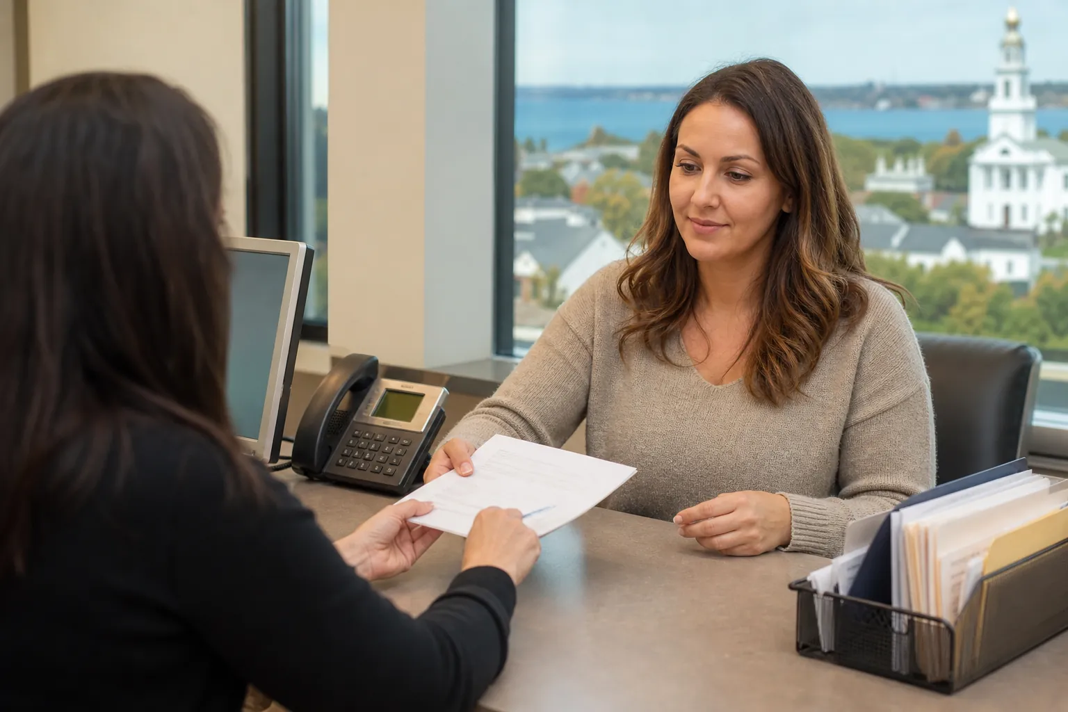 Two women exchange paperwork across an office desk beside a telephone, computer monitor, and file organizer.