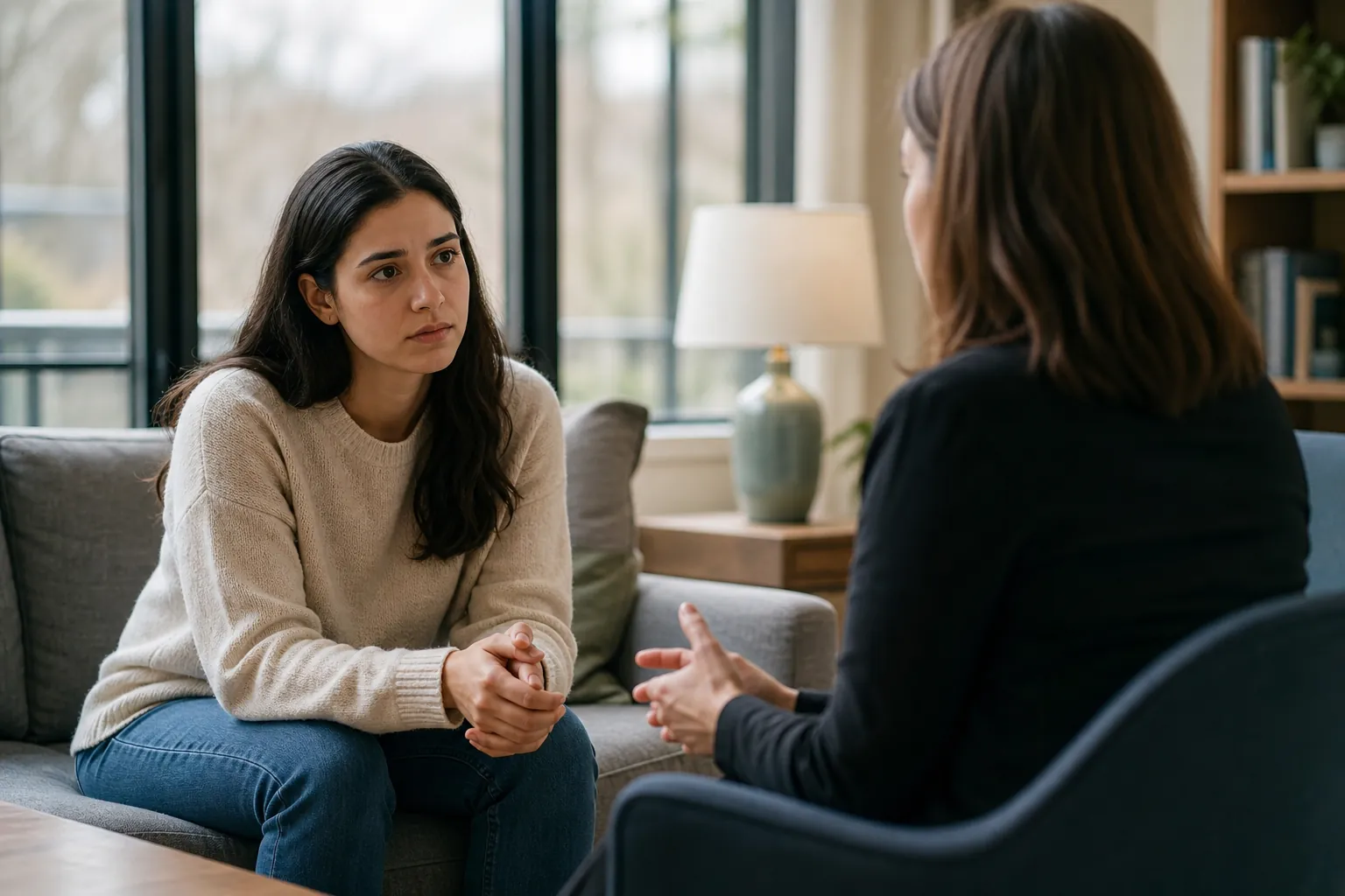 A woman seated on a sofa listens attentively as a counselor gestures during a private treatment consultation.