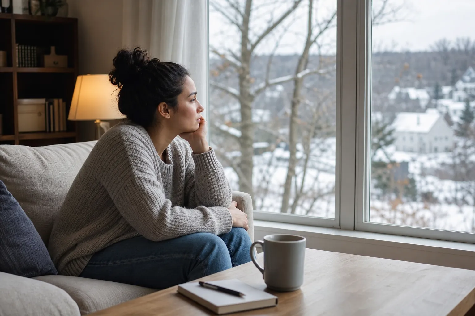 A pensive woman sits on a sofa beside a mug and notebook, looking through a large window at a snowy neighborhood.