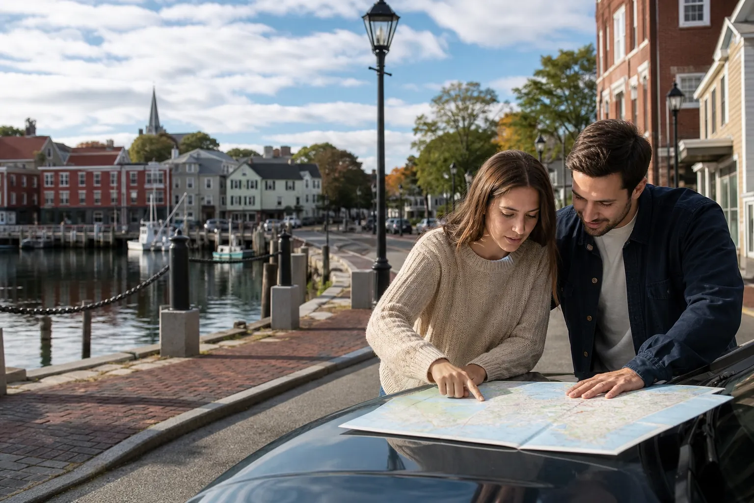 Couple Planning a Trip by a New England Harbor A couple studies a road map on a car hood beside a waterfront harbor lined with brick buildings and boats.