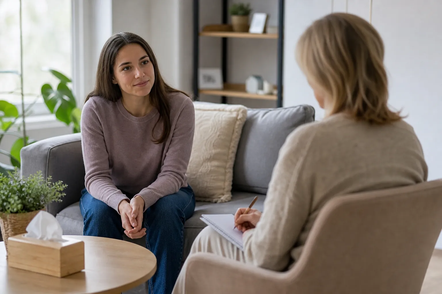 Woman Meeting With a Therapist in a Counseling Room A woman speaks with a therapist taking notes in a comfortable, softly lit counseling room.