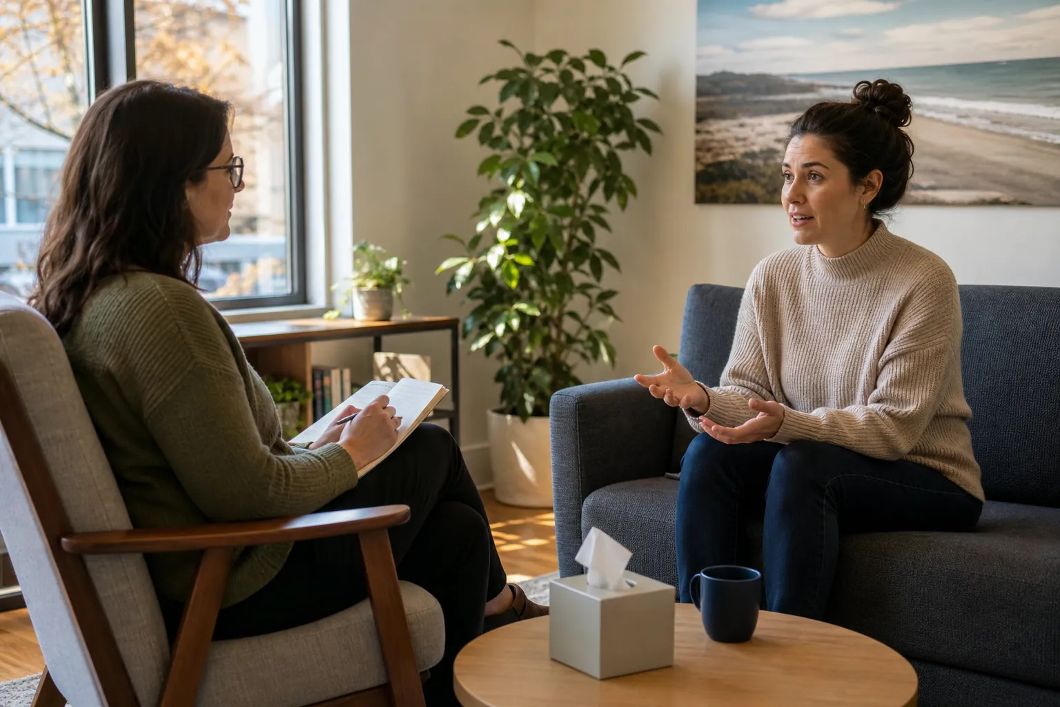 A therapist holding a notepad listens as a woman gestures during an individual mental health support session.
