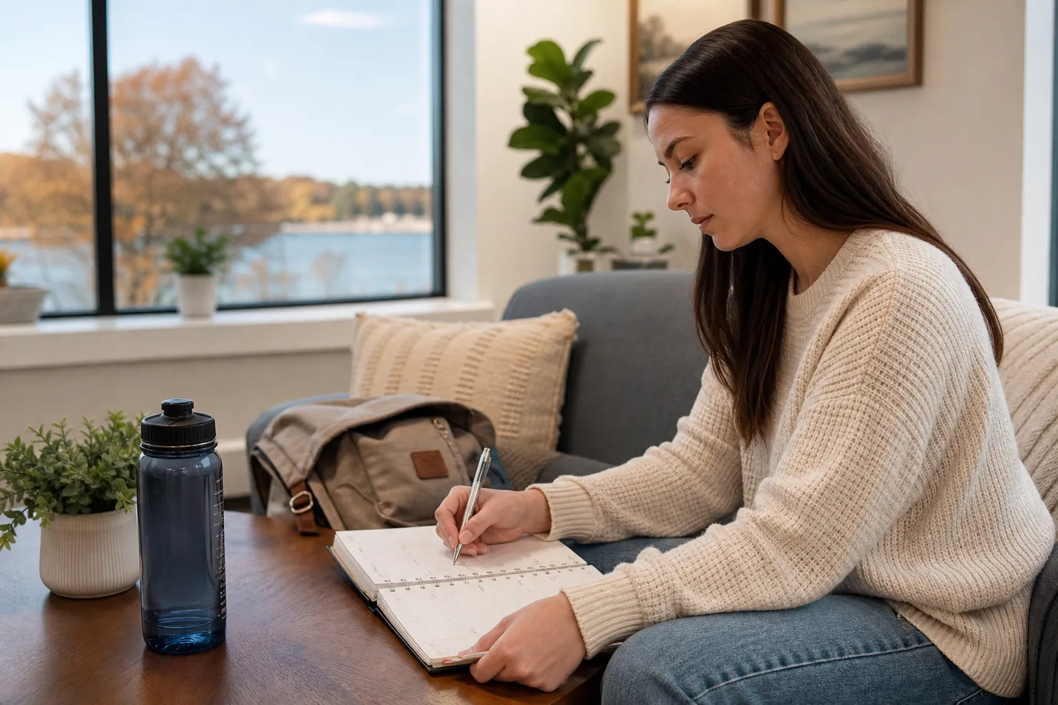 Woman seated on a sofa writing in an open weekly planner beside a water bottle and backpack.