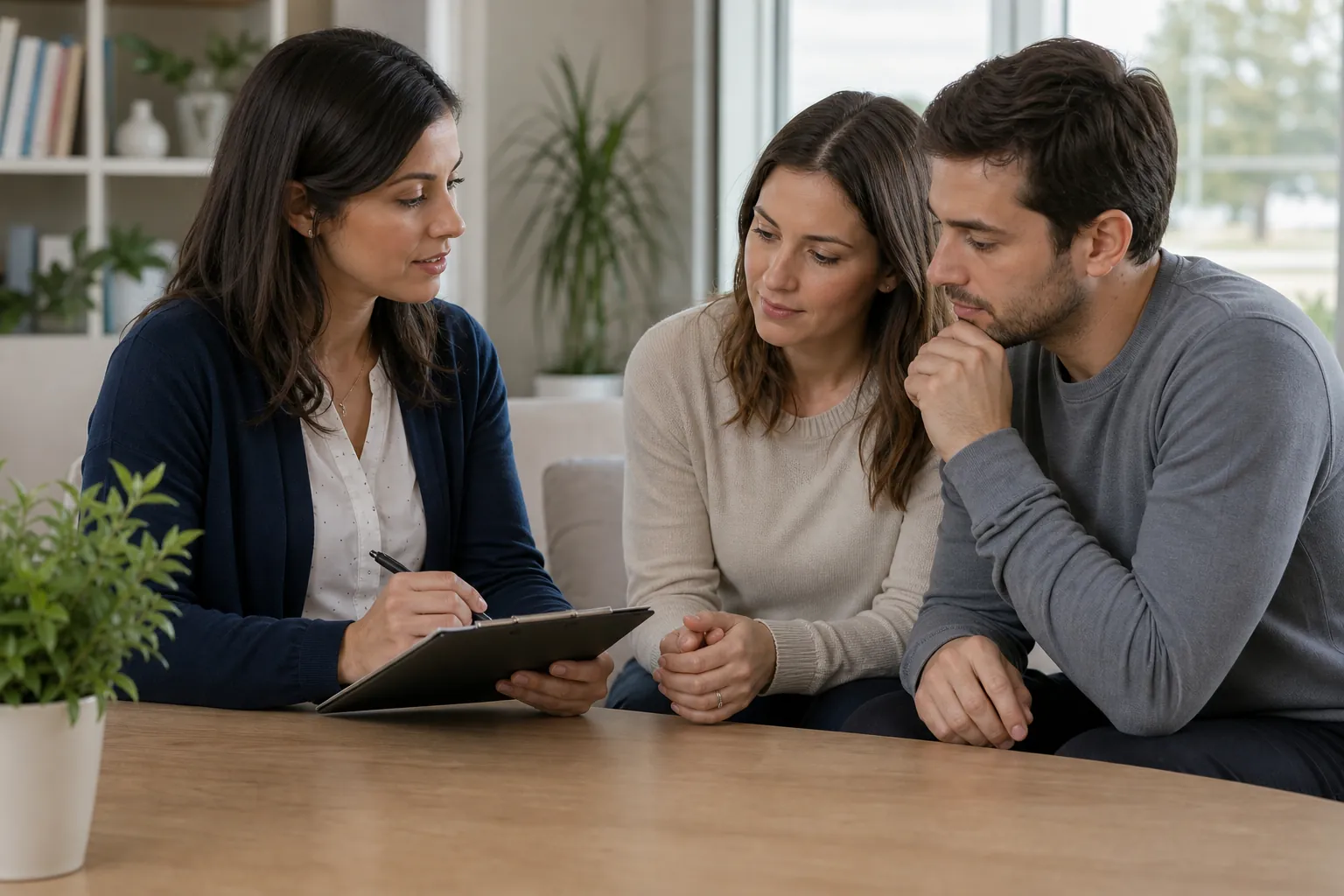 Admissions professional reviews a clipboard with a couple while discussing referral information in an office.