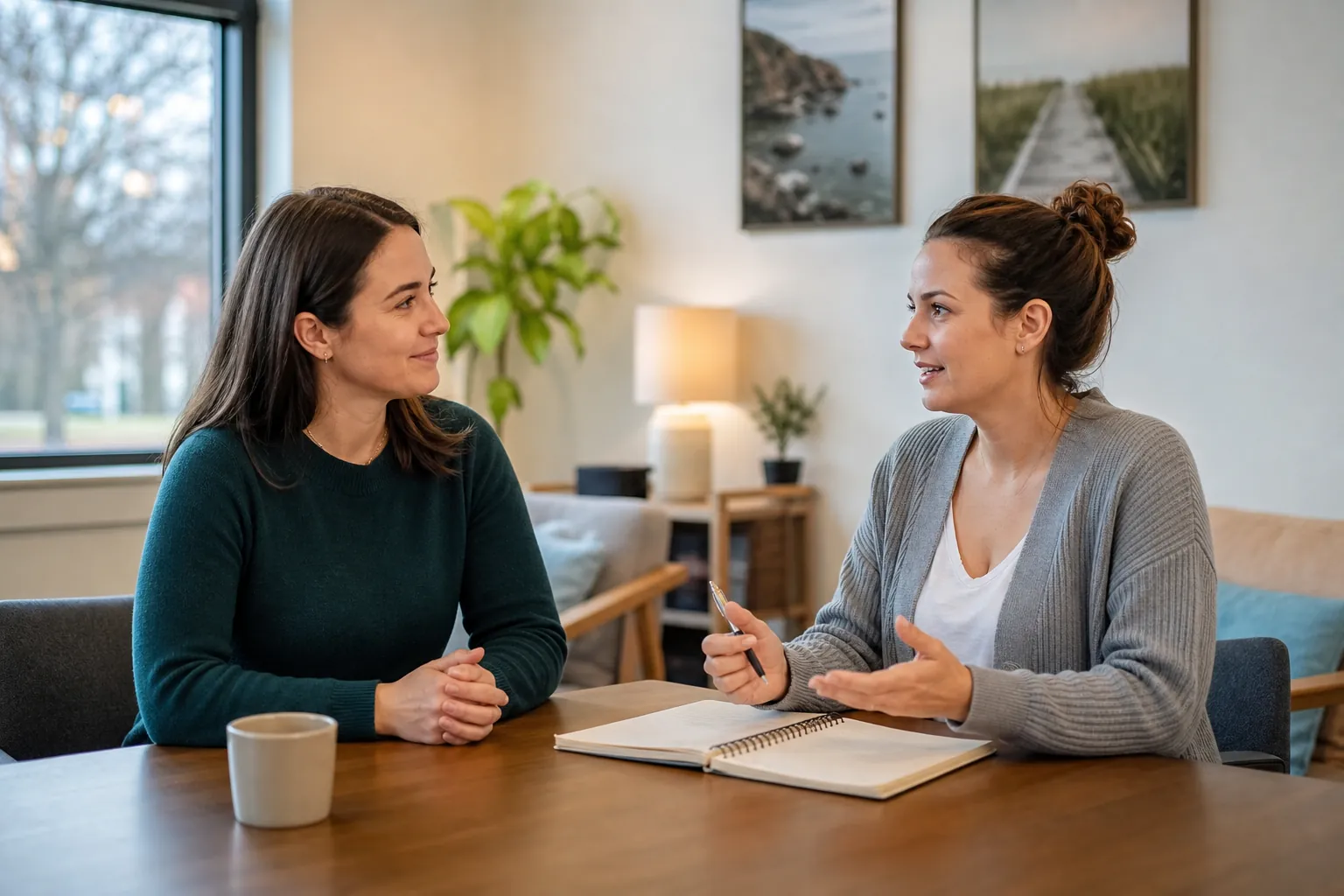 Discussion About Daily Treatment Time Commitments Two women discuss treatment scheduling at a table with an open notebook, pen, and coffee mug in a calm office.