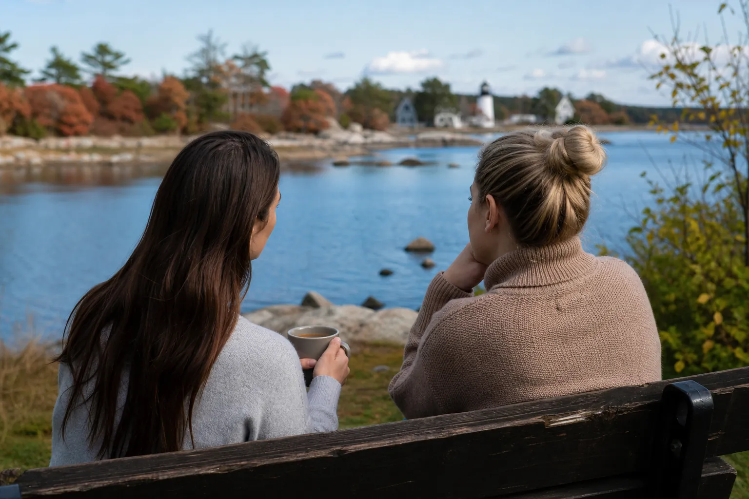 Two women talking by a quiet coastal waterfront Two women sit on a wooden bench overlooking calm water, autumn trees, coastal homes, and a distant lighthouse.
