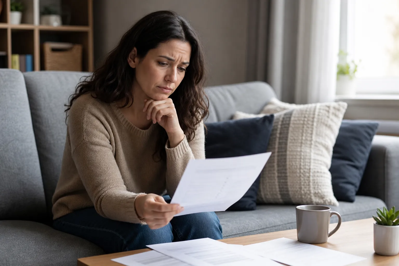 Woman reading papers on a sofa Woman reading papers on a sofa