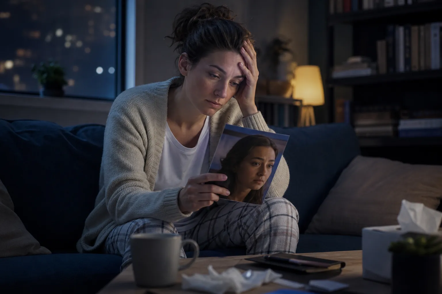 Tired Woman Studying a Portrait on a Couch A tired-looking woman sits on a couch at night, holding a portrait of another woman while resting a hand on her forehead.
