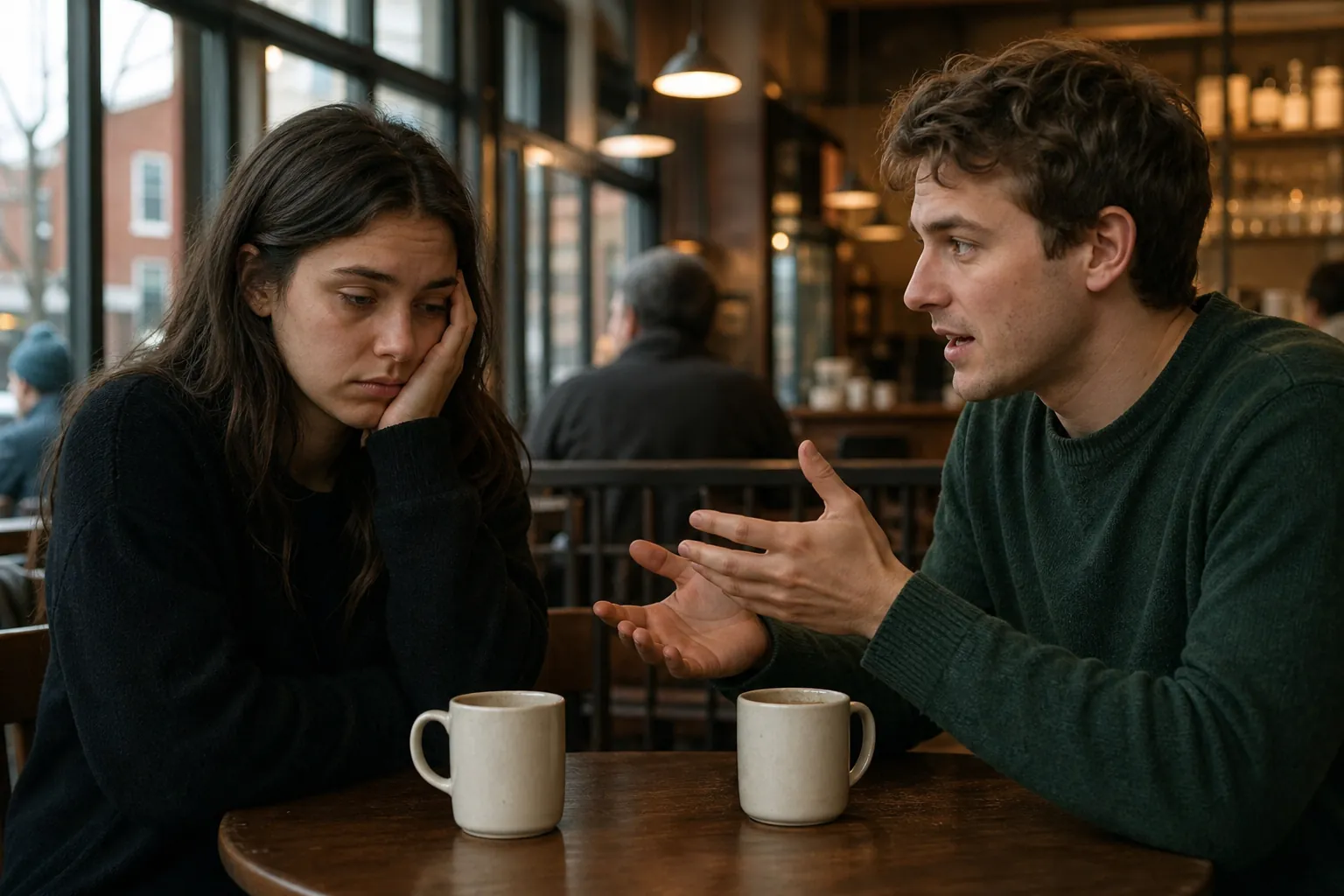 Downcast Woman and Gesturing Man at a Cafe A downcast woman rests her cheek on her hand while a man gestures across a cafe table with two mugs.
