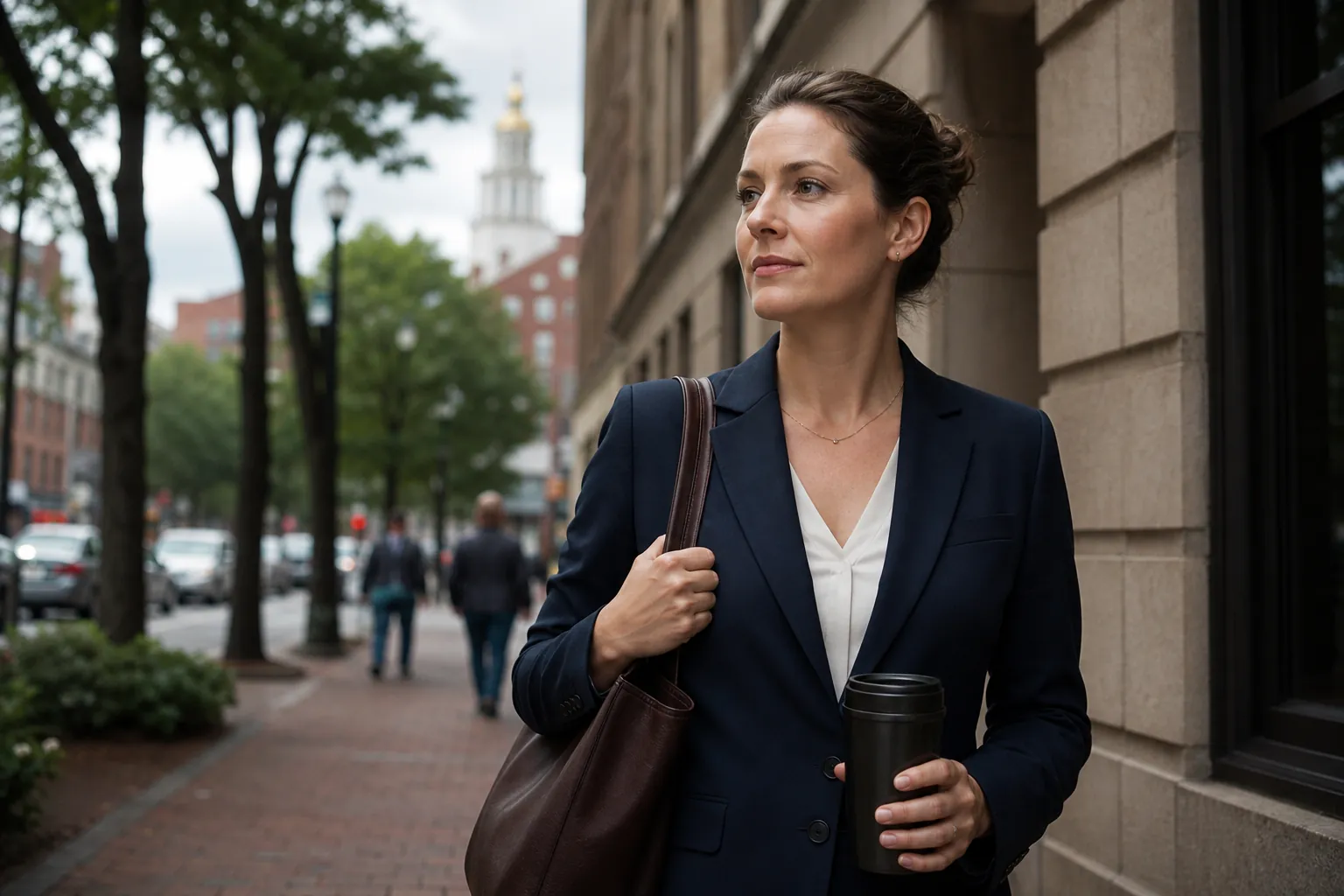 A woman in a navy suit walks along a sidewalk carrying a tote and travel mug.