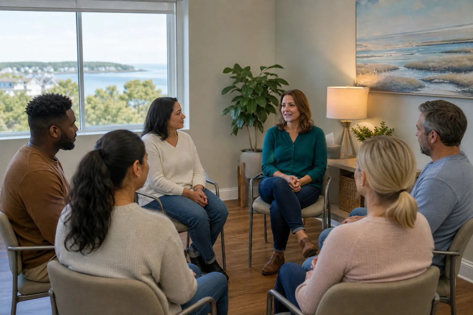 Six adults sit in a circle of chairs beside large windows overlooking water.