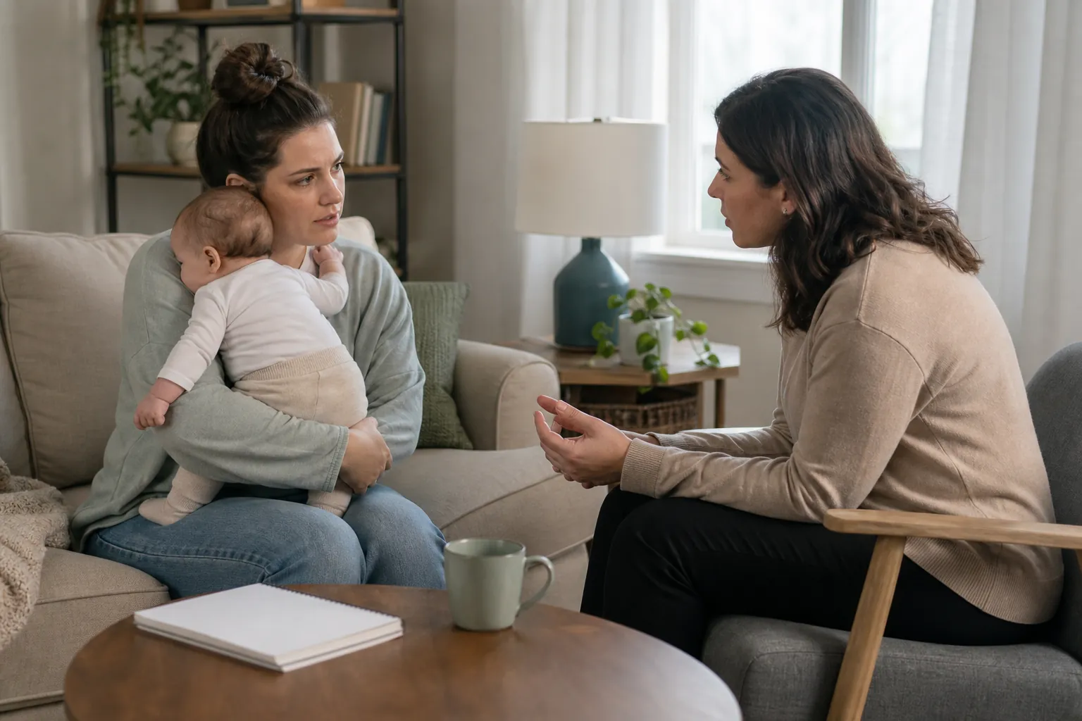 A mother holds her infant while speaking with a supportive woman in a comfortable home living room.