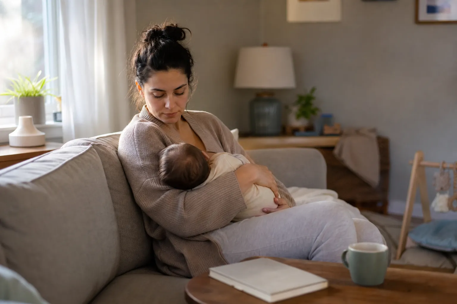 A mother sits on a living room sofa, looking down while cradling her baby against her chest.