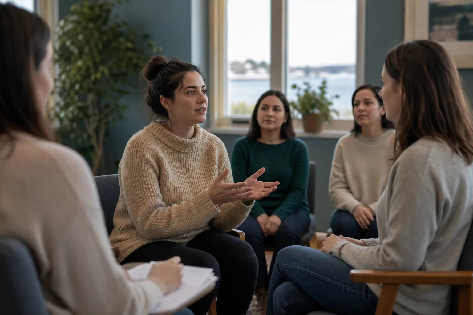 Women Participating in a Group Therapy Session Five women sit in a therapy group as one participant speaks and gestures while the others listen.